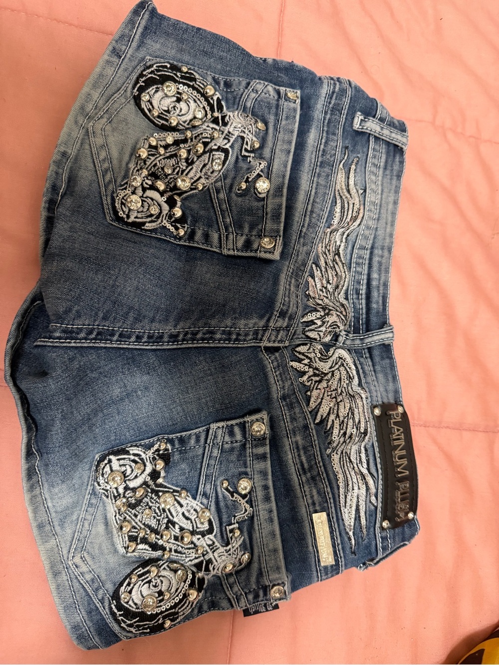 Embellished Denim Shorts with Wing & Stud Detailing - Blue